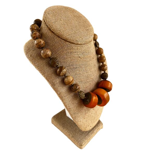 Vintage Jasper Stone Bead and Lac Resin Plastic Necklace - Picture 8 of 9